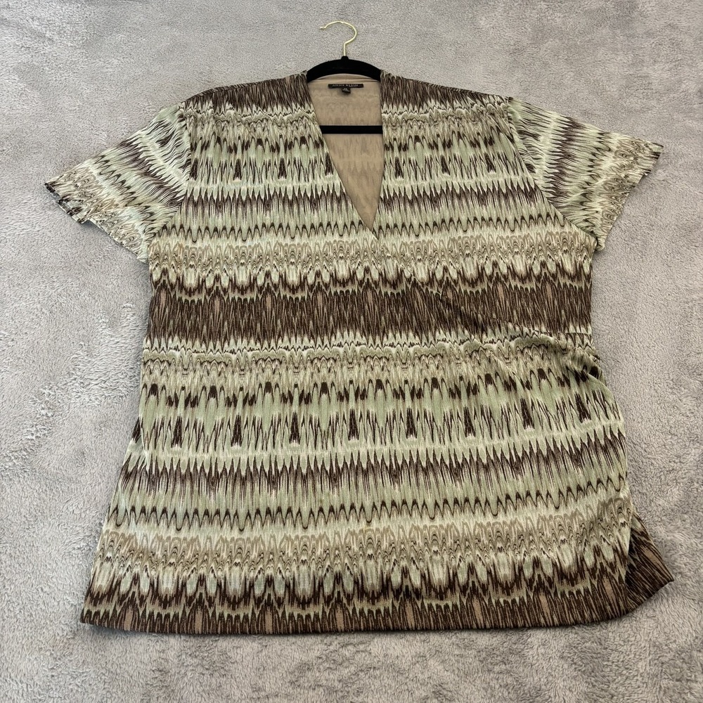 VTG Y2K Anne Klein Silk Faux Wrap Tunic Top Womens 2X Brown Green Hippie Goblin‎